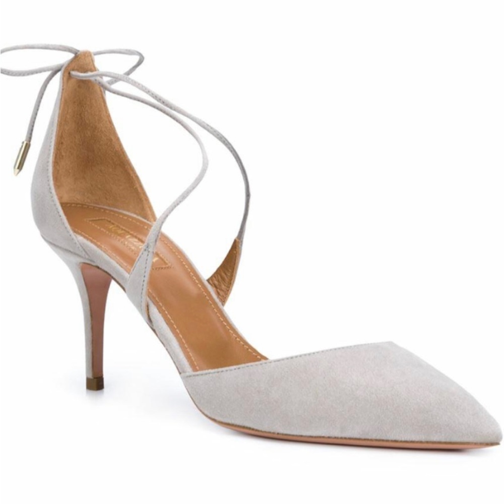 Aquazzura Matilde Light Gray suede tie up heels 75mm. Size 38.5